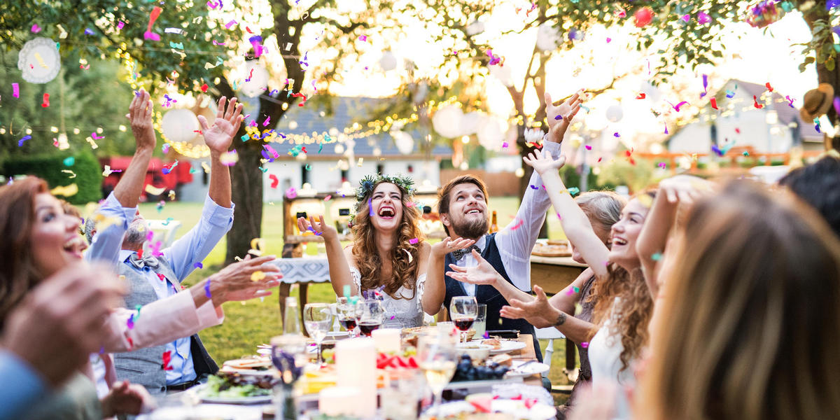 outdoor fun wedding party at table